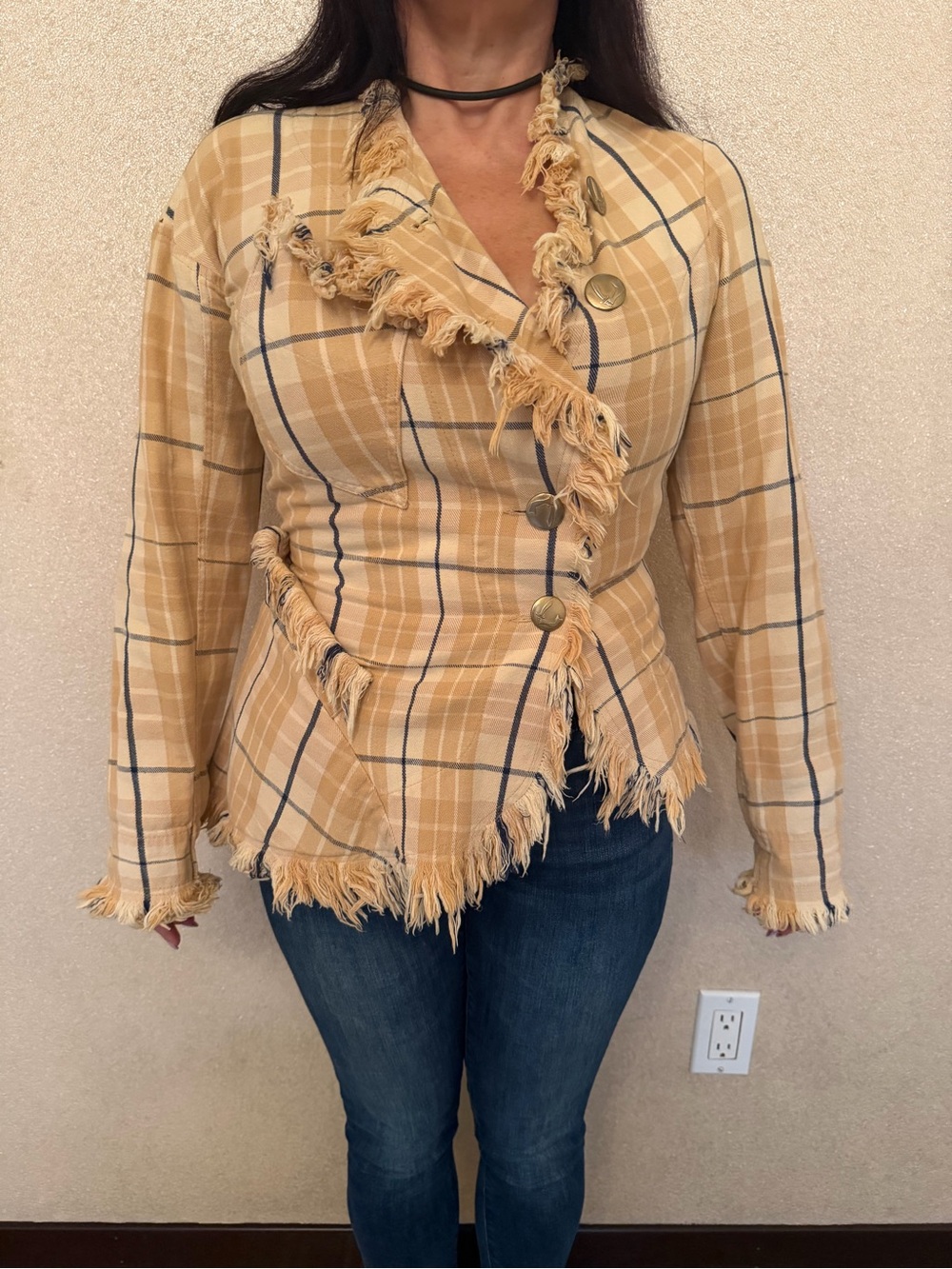 Vivienne Westwood Frayed Plaid Button-Front Women's Top Jacket Blouse in Mustard